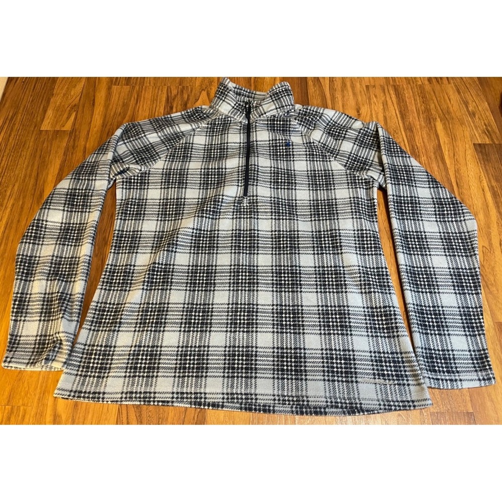Eddie Bauer Fleece Pullover Womens L Plaid 1/4 Zip Blue Black Mock Neck Top